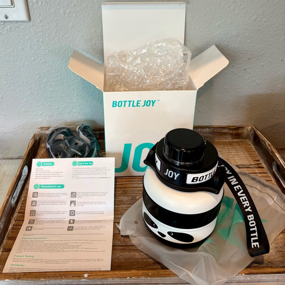 Bottle Joy Stainless Steel Water Bottle with Adjustable Strap, Panda Design BNIB